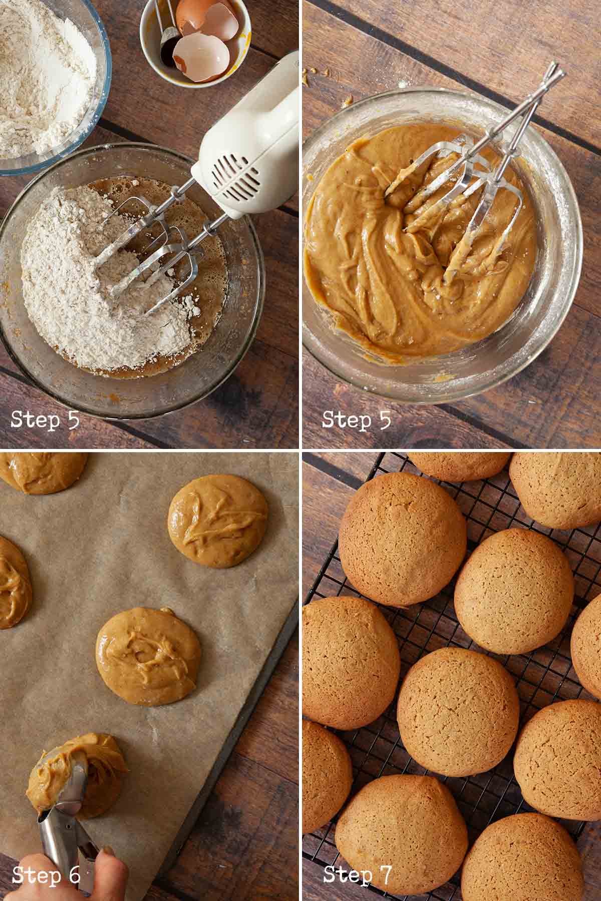 Collage of images showing cake batter being made and baked