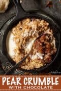 Pear crumble and cream with text overlay