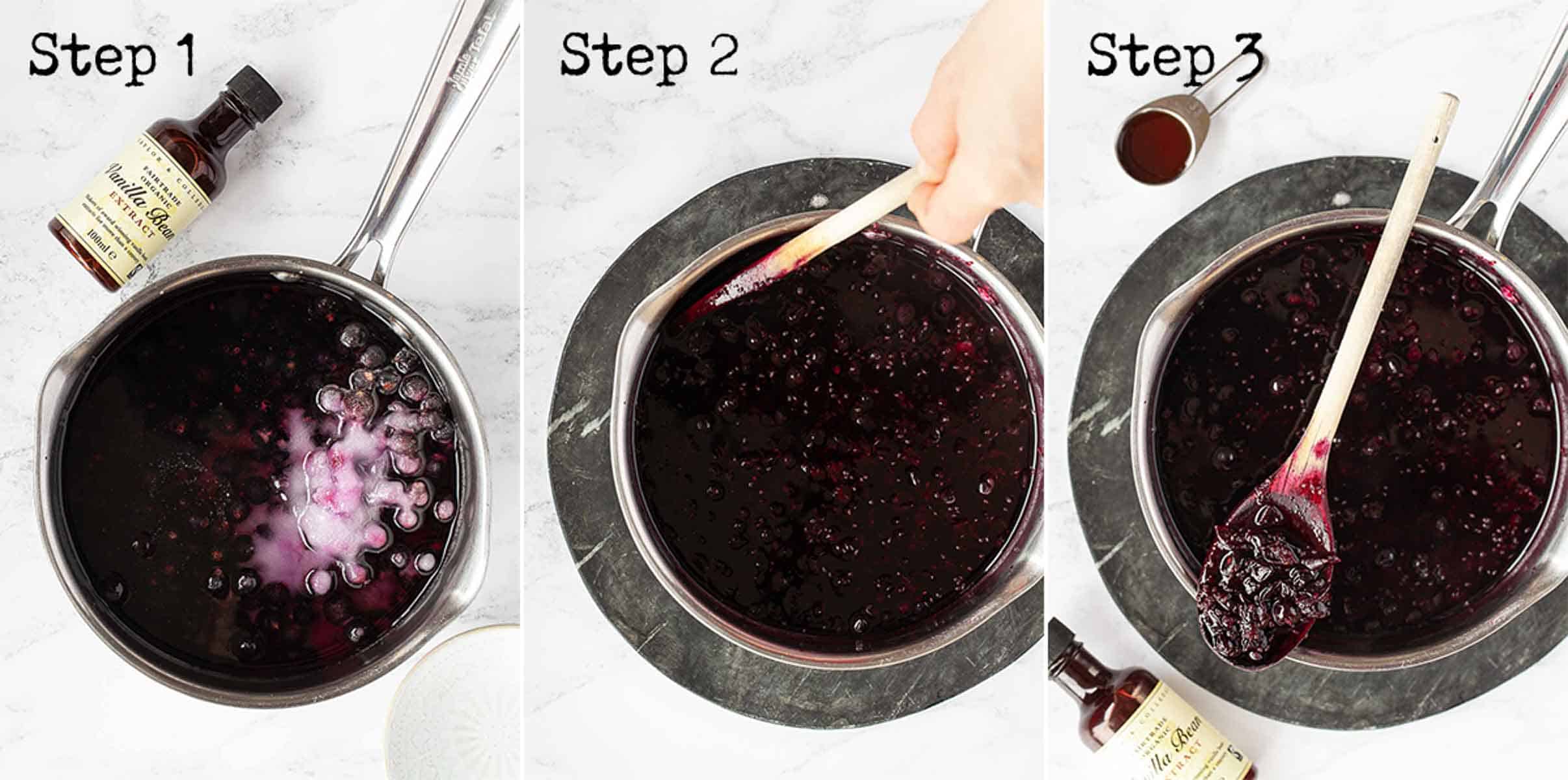 Step by step images to making fruit syrup in a saucepan