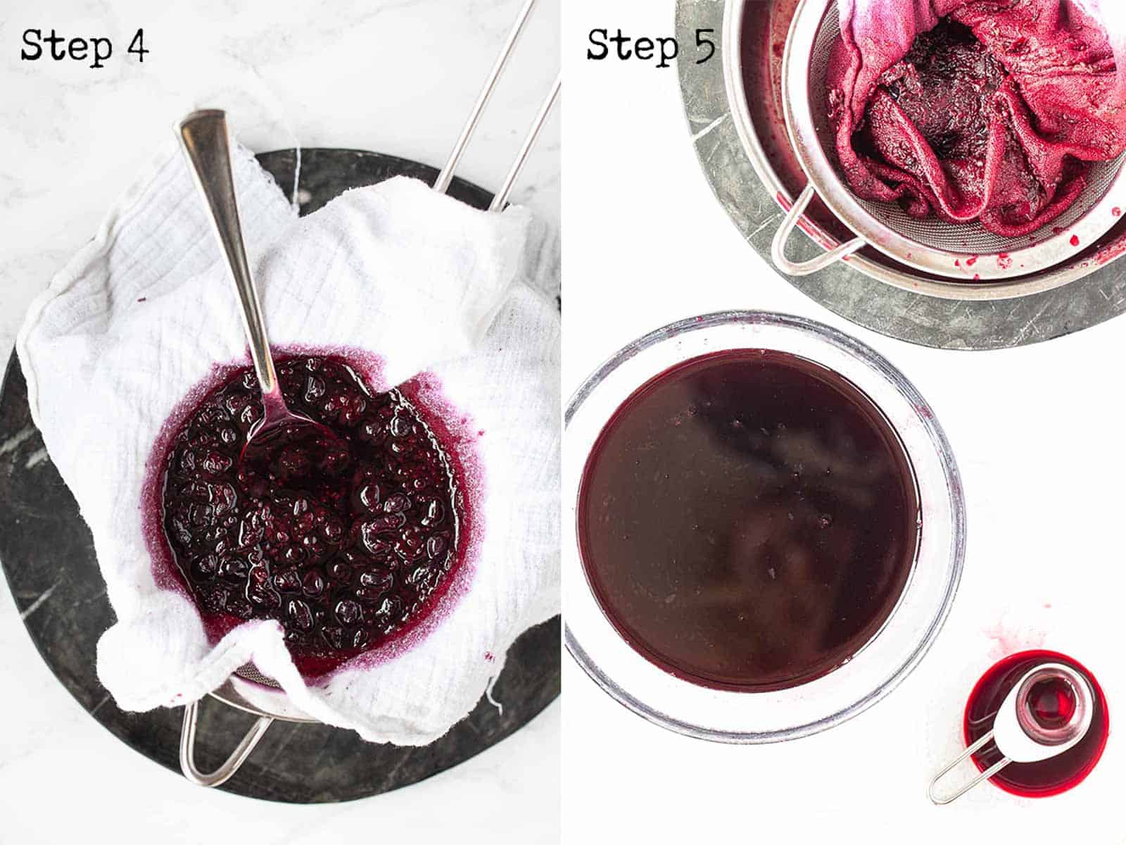 Step by step images: straining fruit syrup through cloth to remove pulp