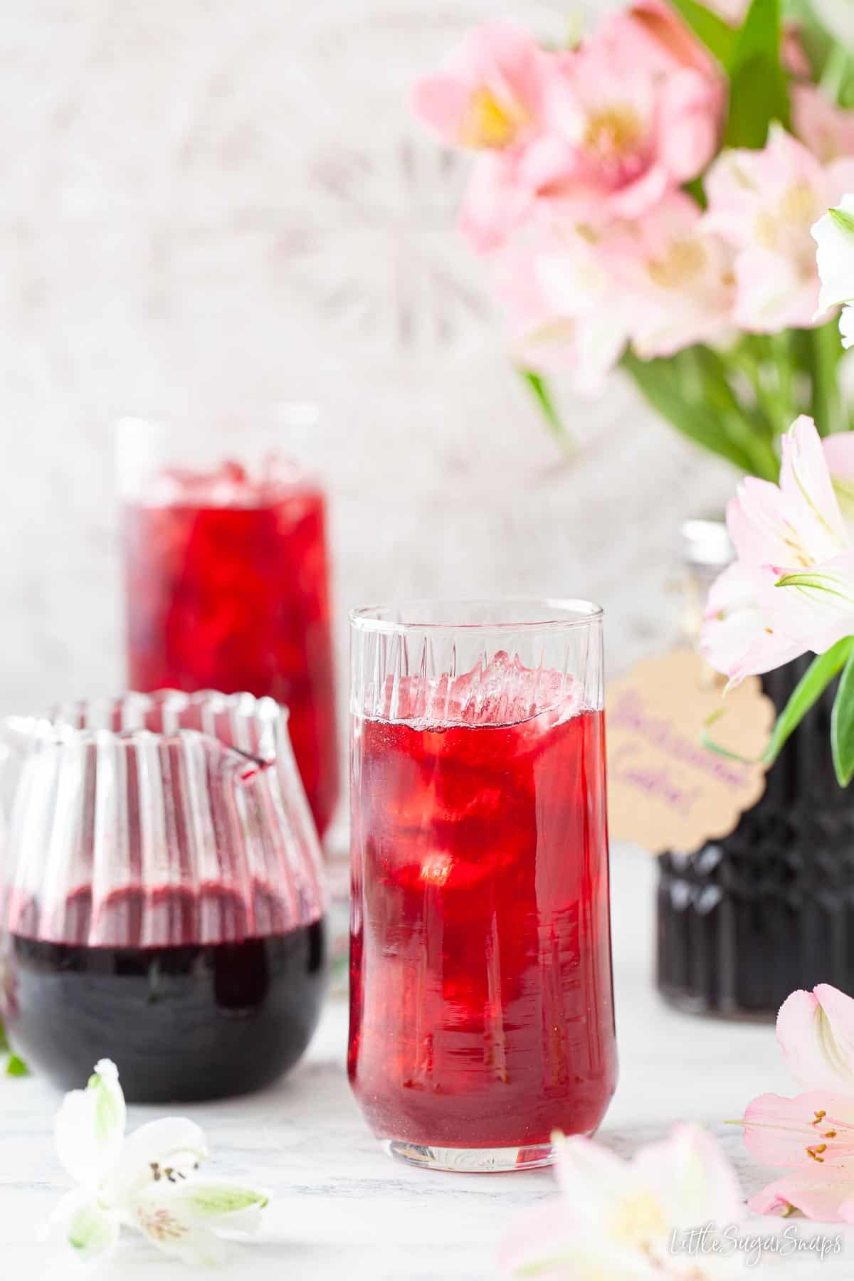 Glasses filled with diluted blackcurrant cordial and ice with a jug of cordial alongside