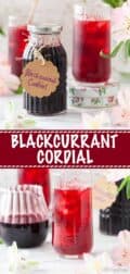 Blackcurrant cordial in a jar and glass with text overlay