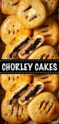 Collage of 2 Close up images of Chorley Cakes with text overlay