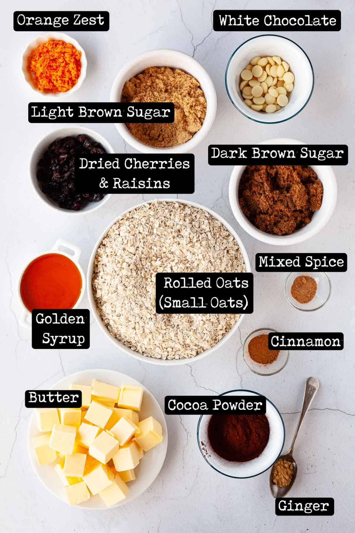 Ingredients with text overlay for oat bars with cocoa