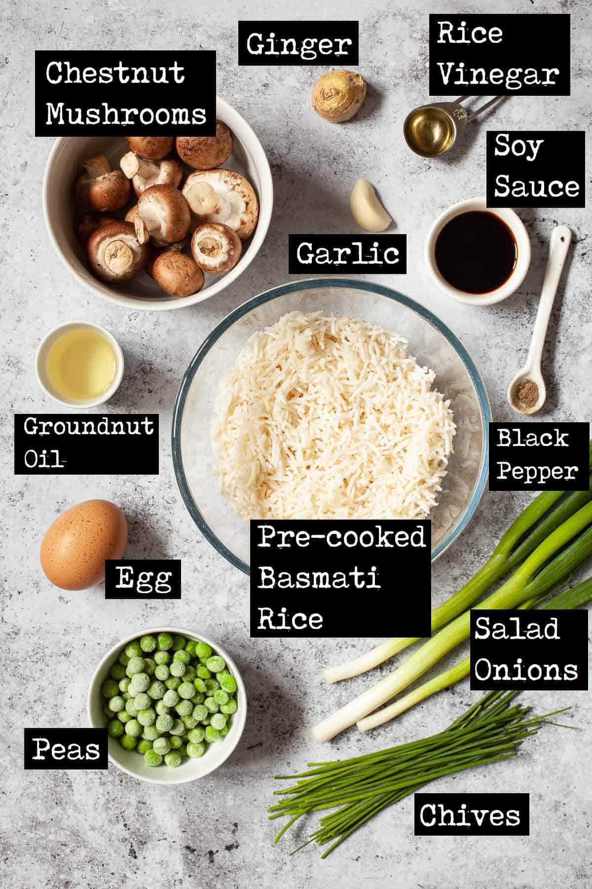 Ingredients for a vegetable rice recipe with text overlay