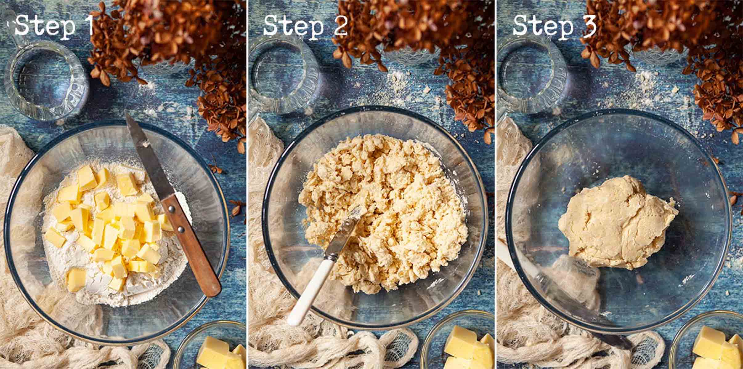 Collage of images showing shortcrust pastry being made by hand