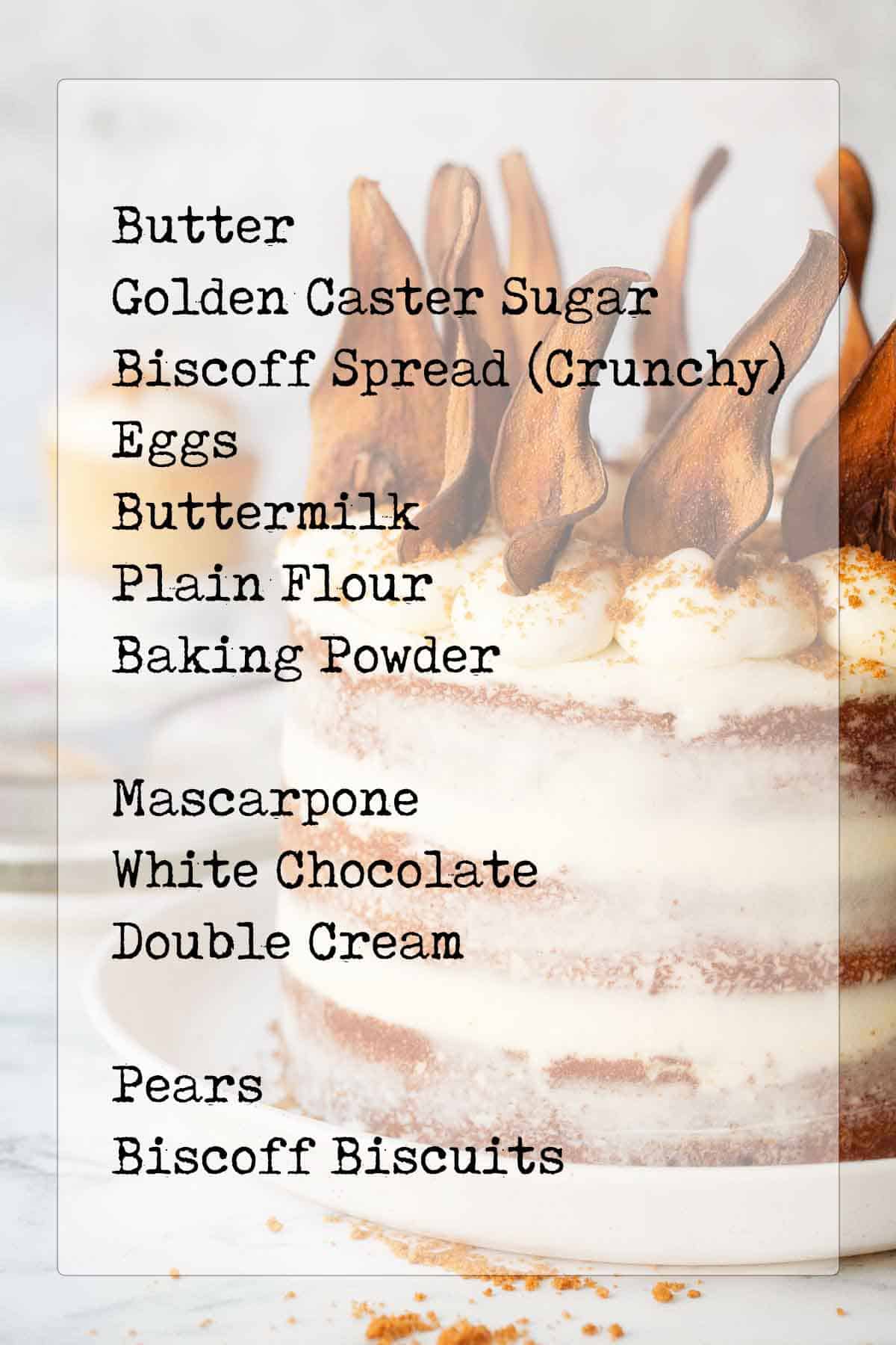 Layer cake with text overlay listing ingredients