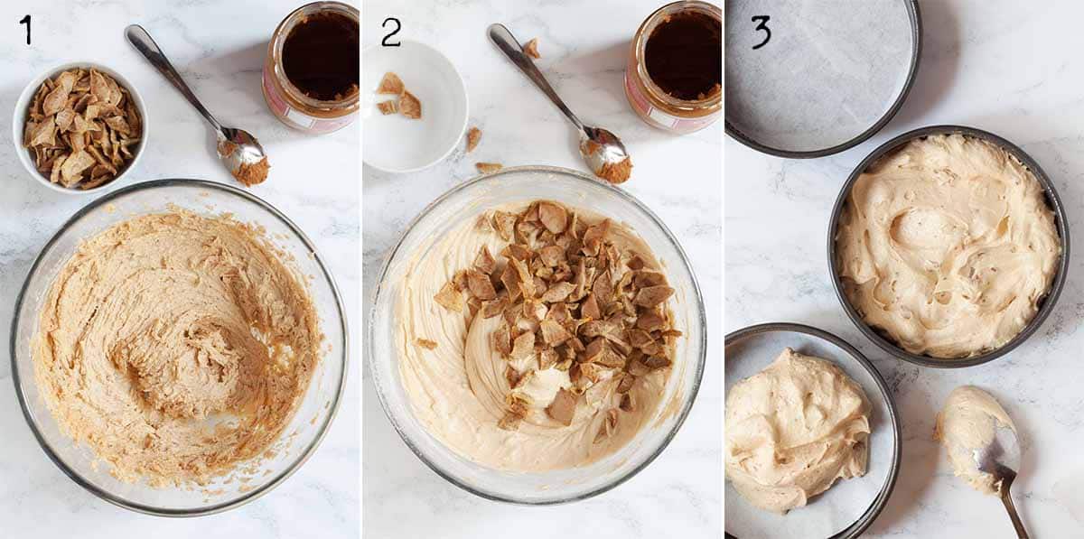 Collage of images showing cookie butter sponge batter being made