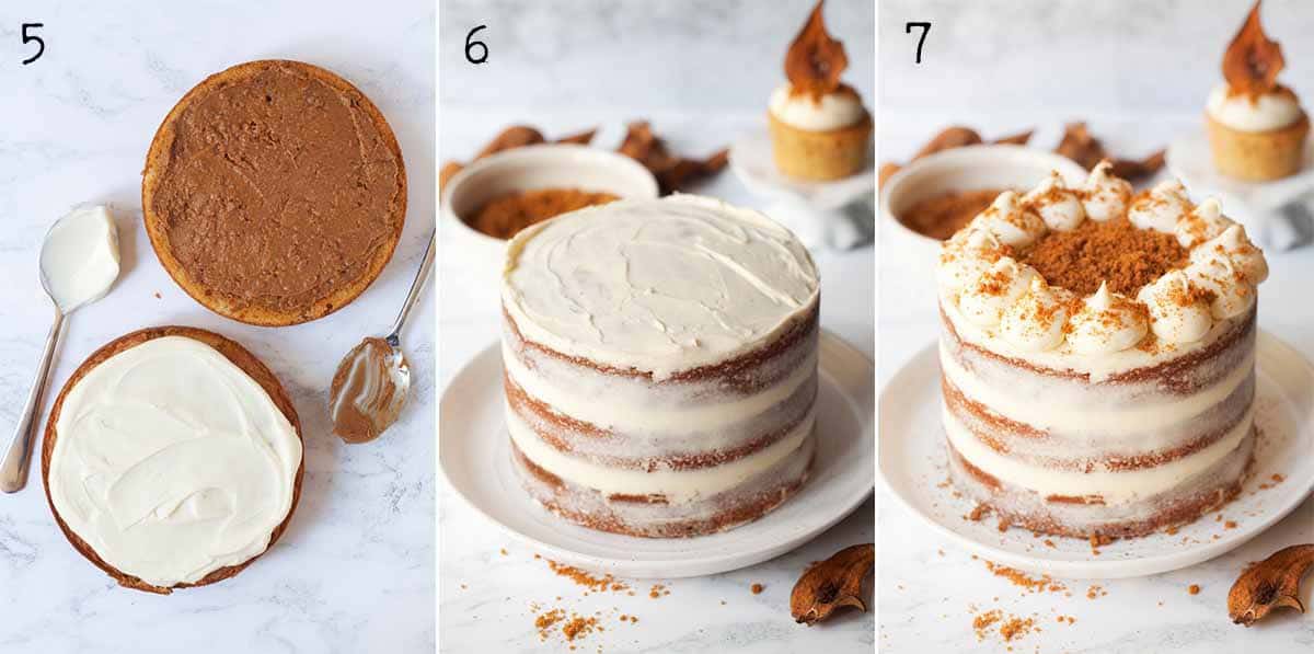 A collage of images showing speculoos cake being filled and decorated