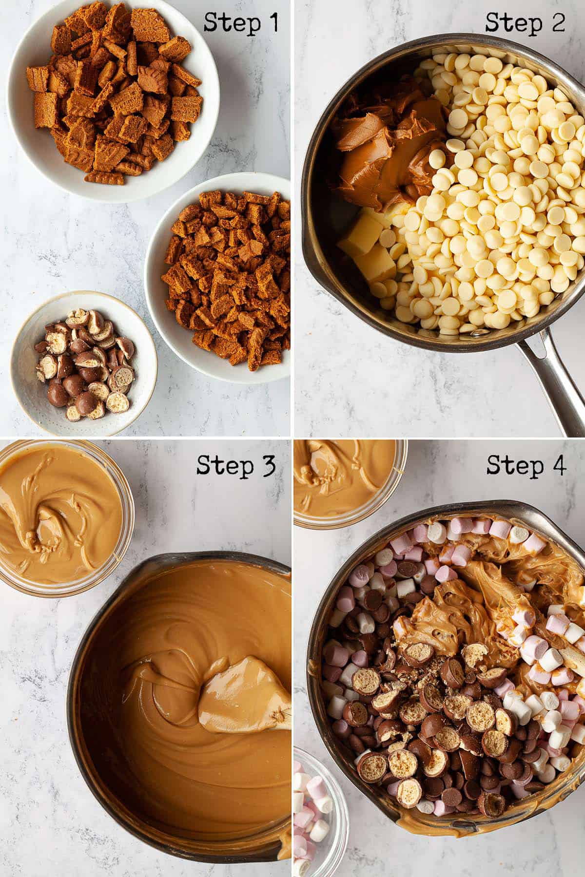 Collage of images showing a chocolate and cookie butter no-bake dessert being made.