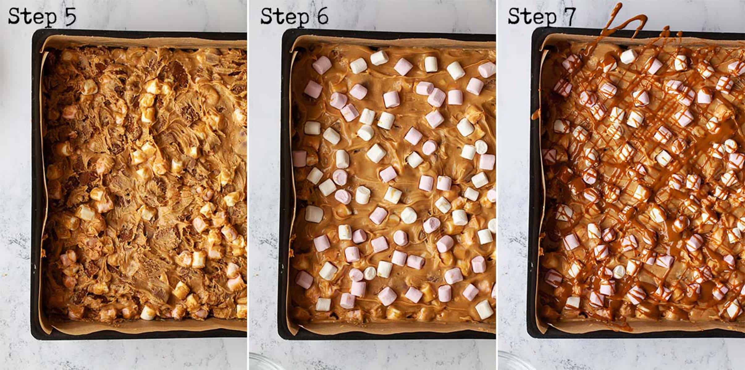 Collage of images showing a Biscoff tiffin no-bake dessert being assembled in a tin.