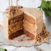 Coffee flavoured cake cut open to reveal three layers inside