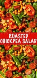 Roasted chickpea salad with text overlay