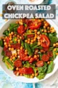 Roasted chickpea salad with text overlay