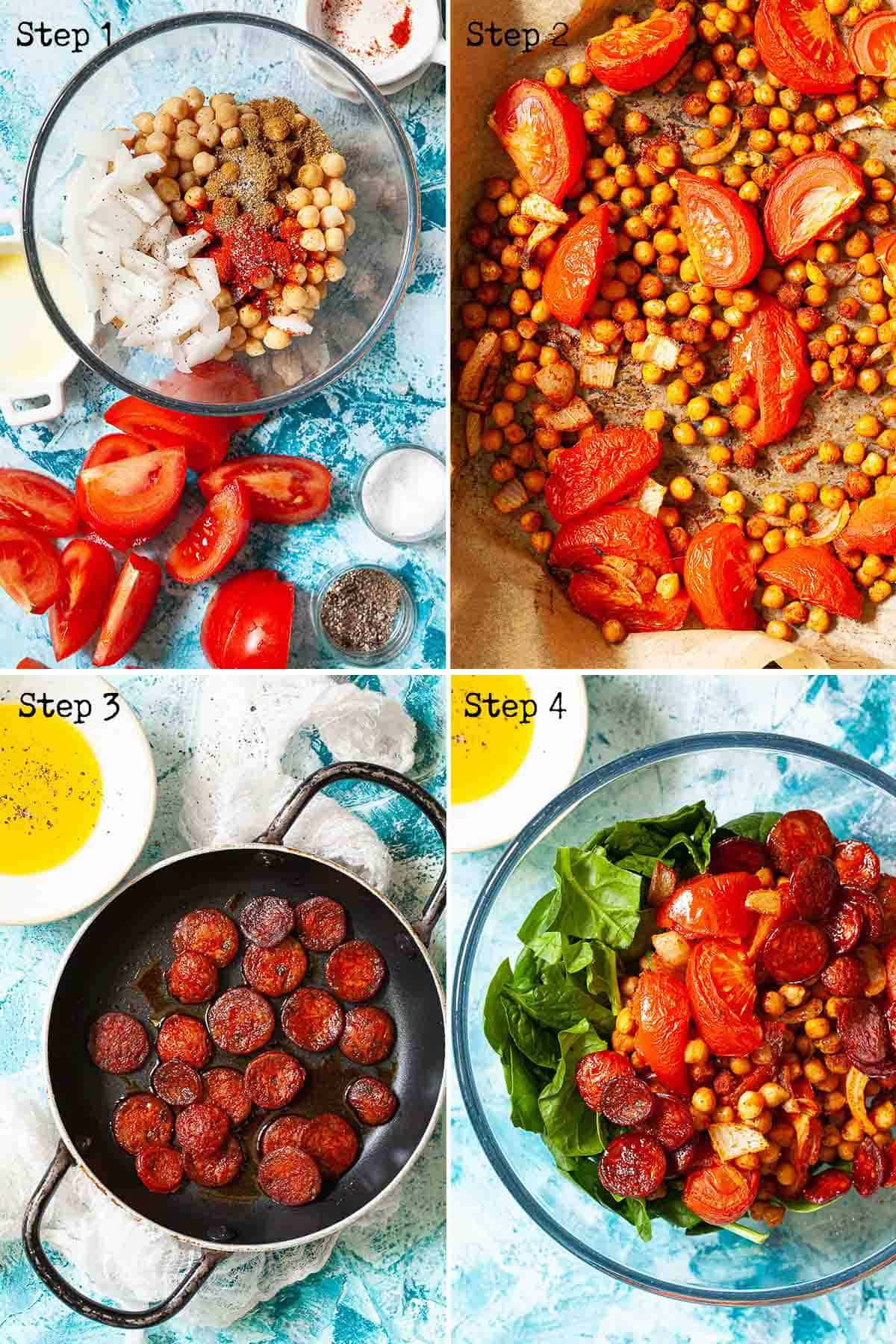 Collage of images showing a salad being made