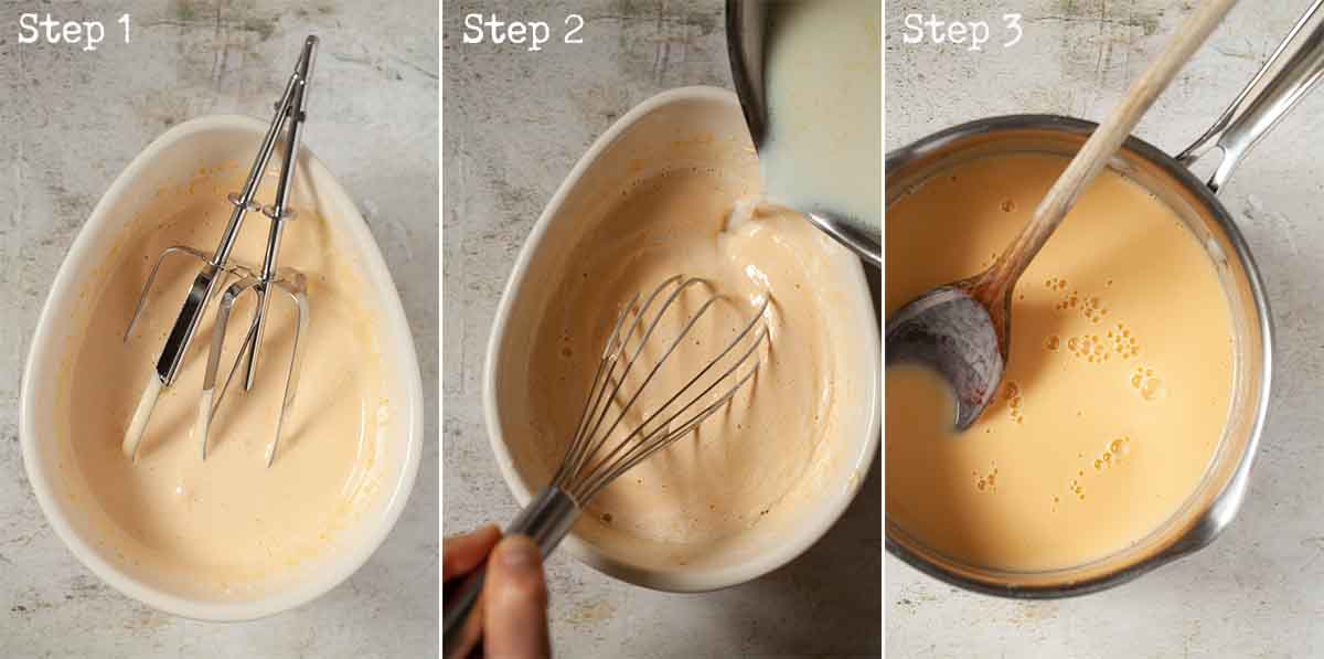 Collage of images showing custard being made