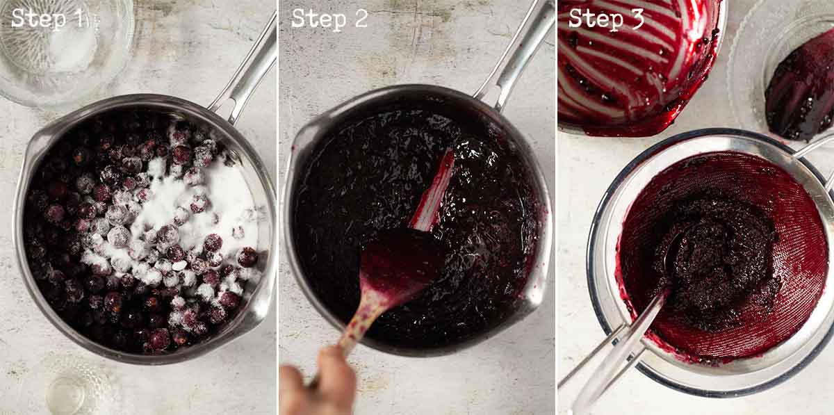 Collage of images showing fruit puree being made