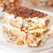 Close up of a slice of tiramisu dessert with a fork at the side.