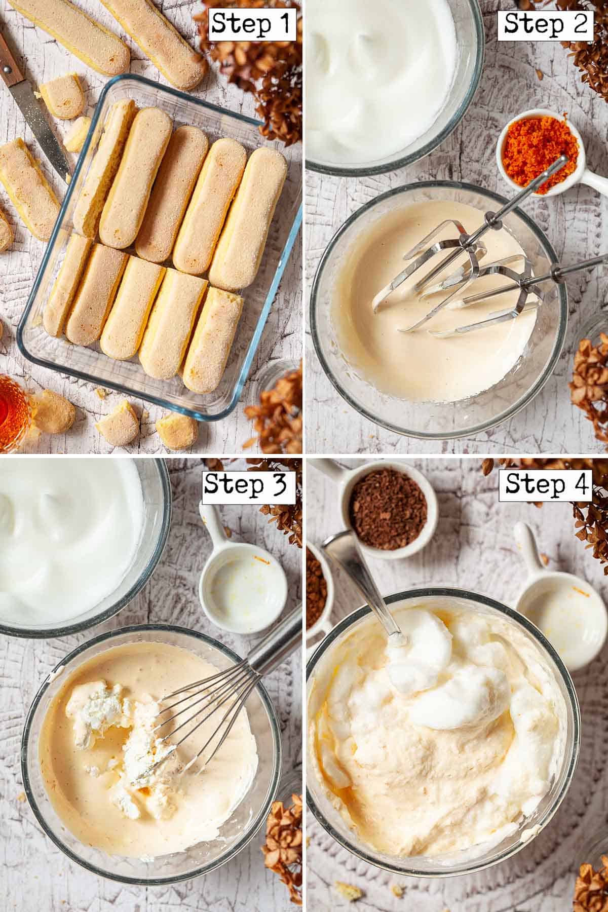 Collage of images showing tiramisu being made.