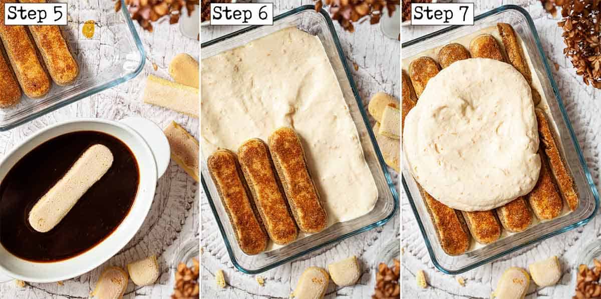 Collage of images showing ladyfingers dipped in coffee and layered with mascarpone cream topping