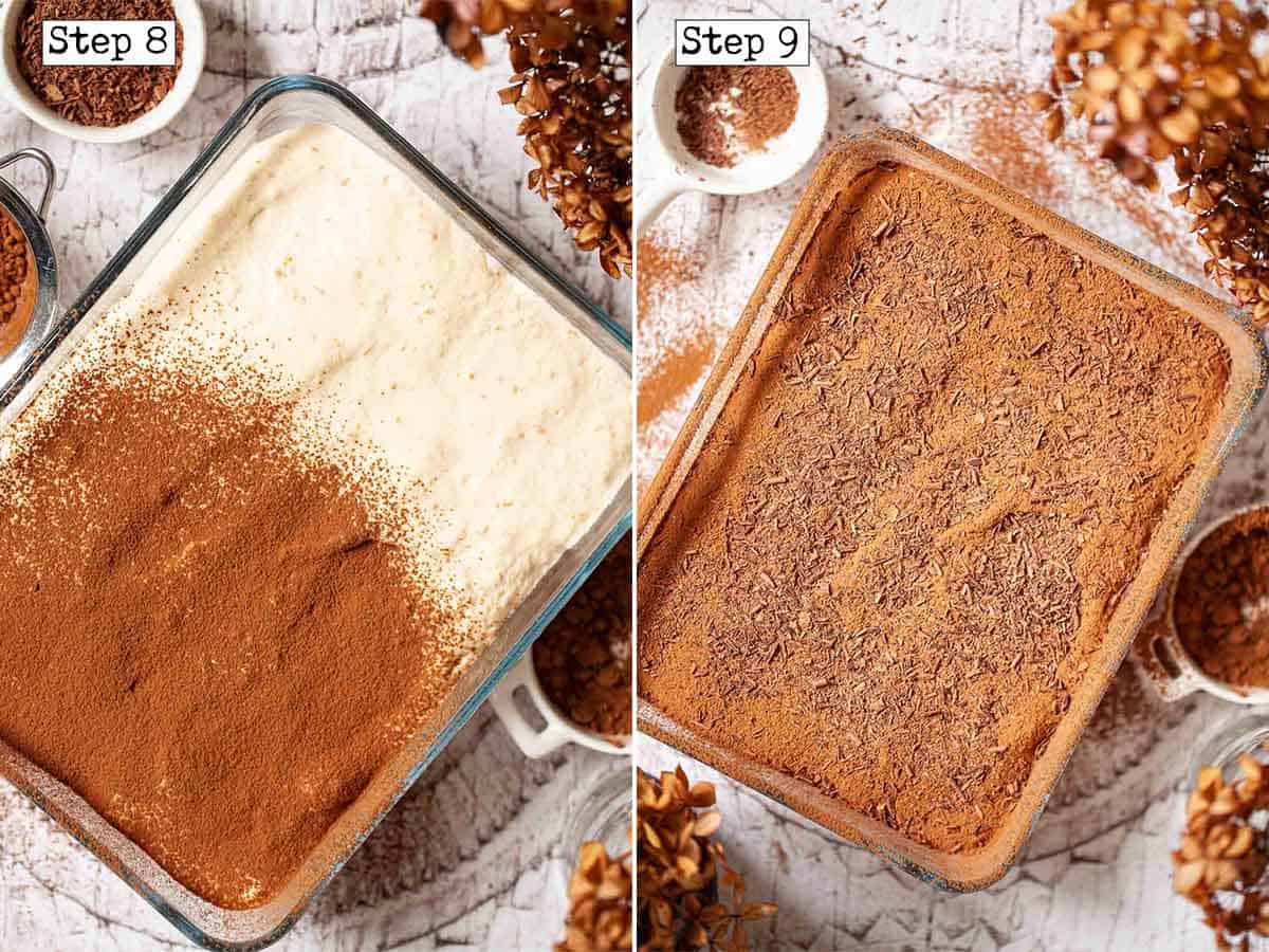 Collage of images showing Italian tiramisu being topped with cocoa and chocolate