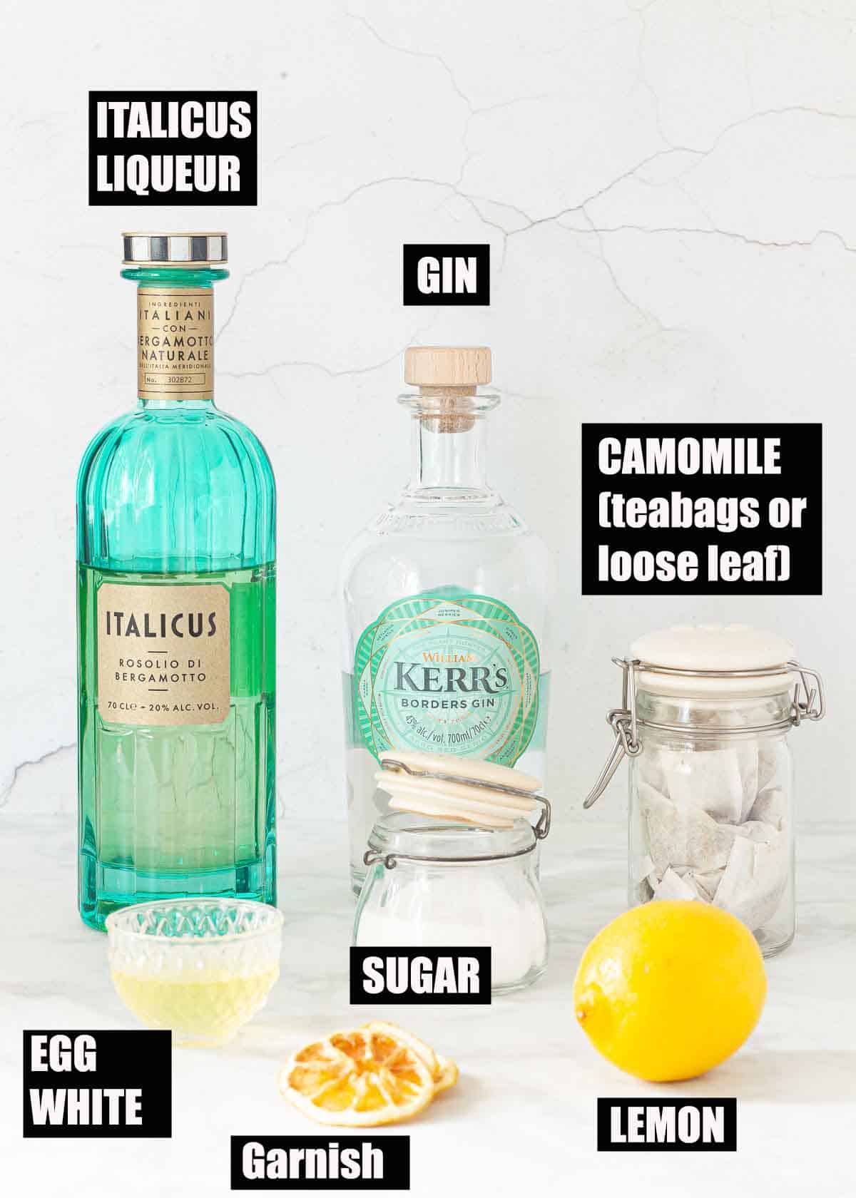 Ingredients for an Italicus cocktail with text overlay