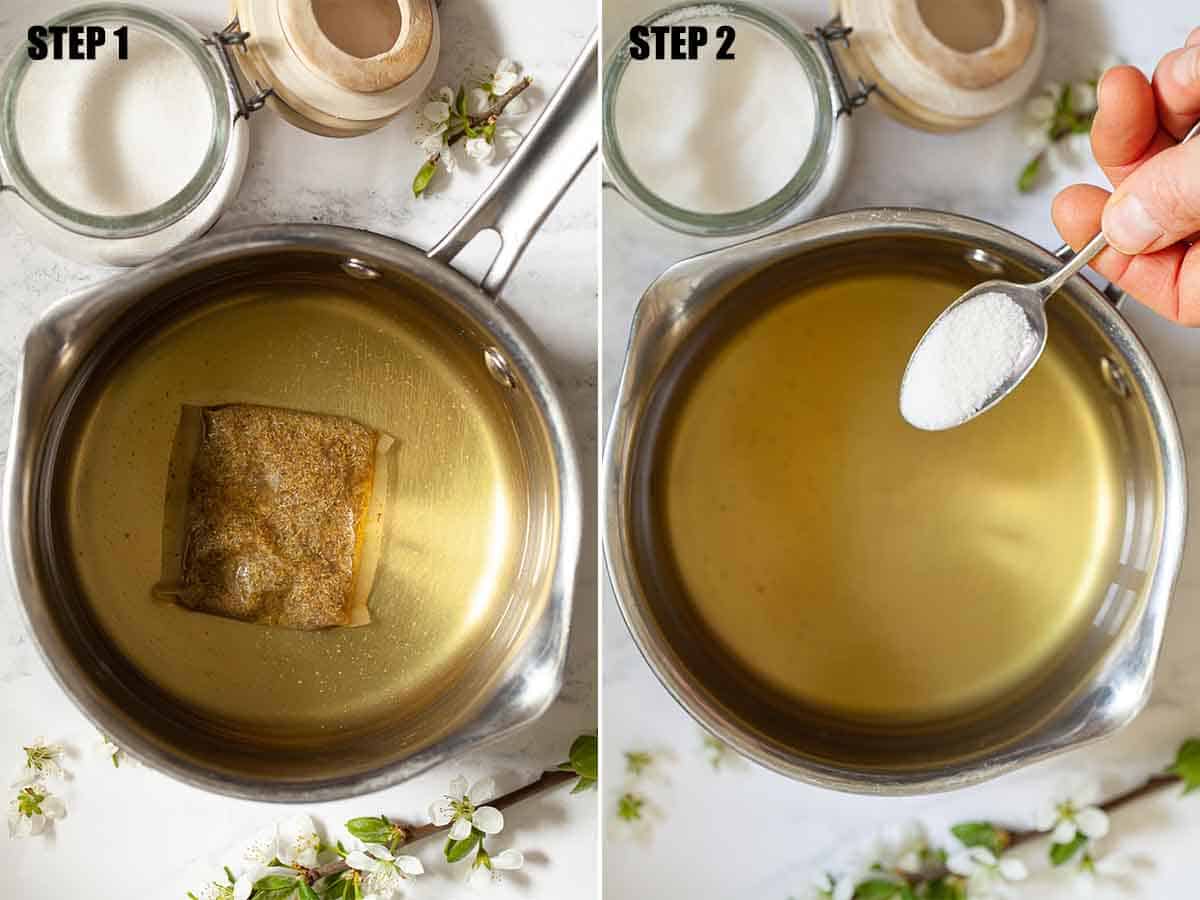 Collage of images showing camomile syrup being made