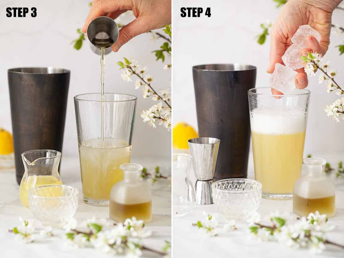 Collage of images showing a bergamot and camomile gin sour being made