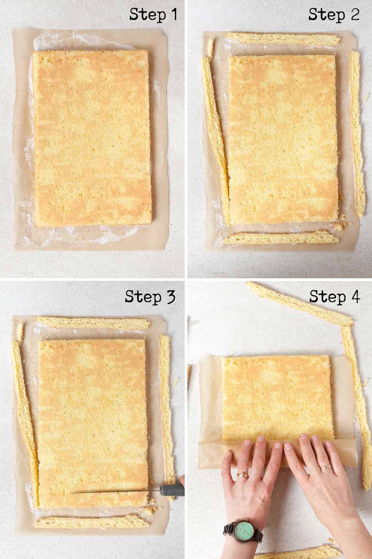 Collage showing how to roll a swiss roll