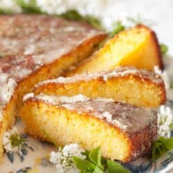 Orange semolina cake with drizzle topping. It is cut into slices