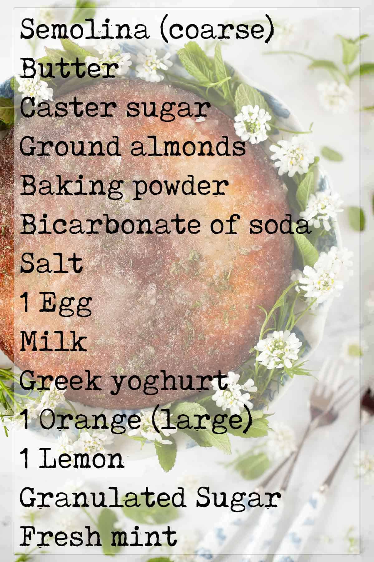 Ingredients for a an easy semolina cake with text overlay