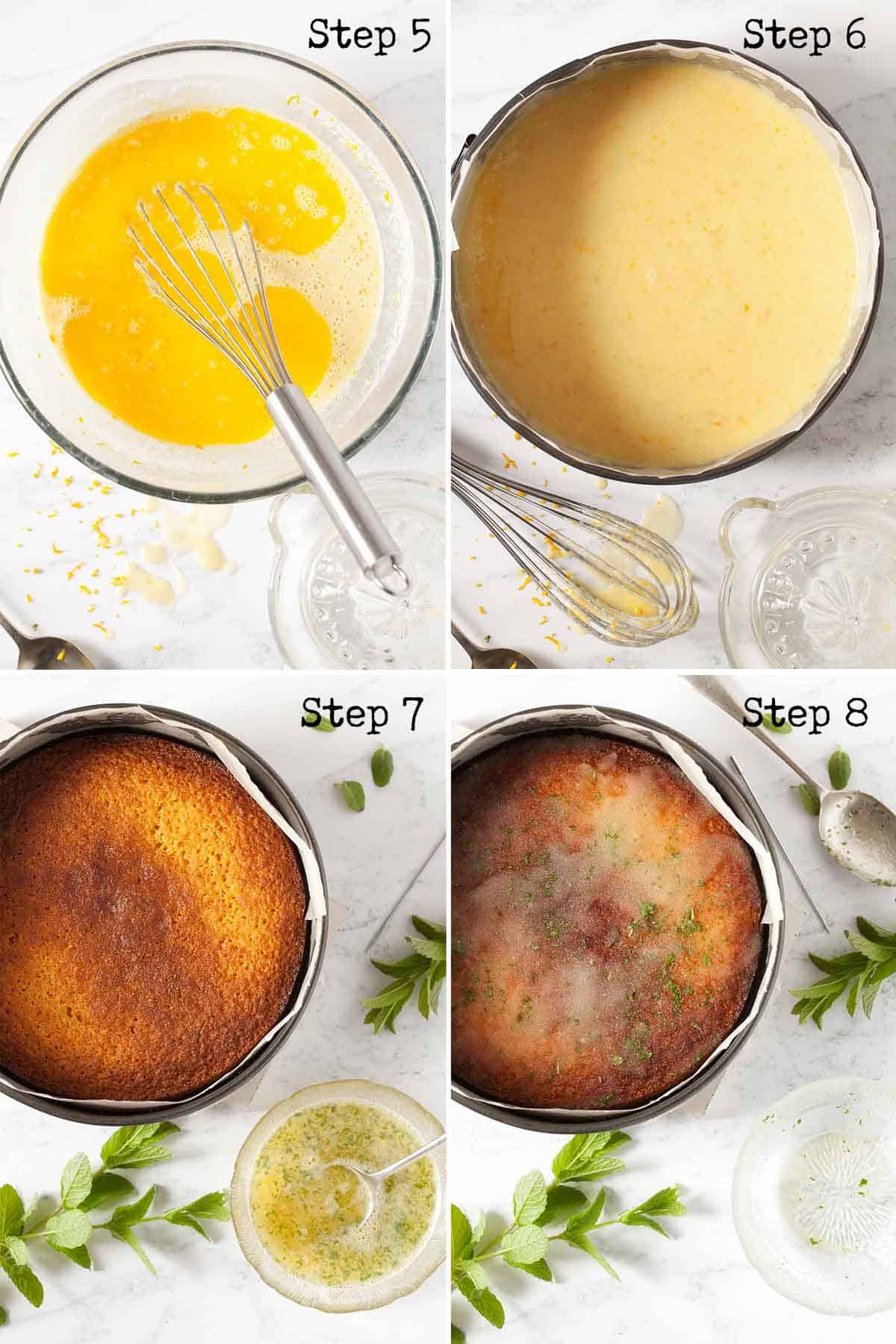 Collage of images showing a drizzle topping being added to a bake