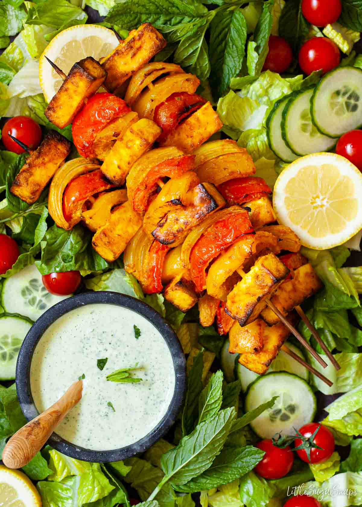 Paneer tikka kebabs presented on salad with spicy yoghurt sauce