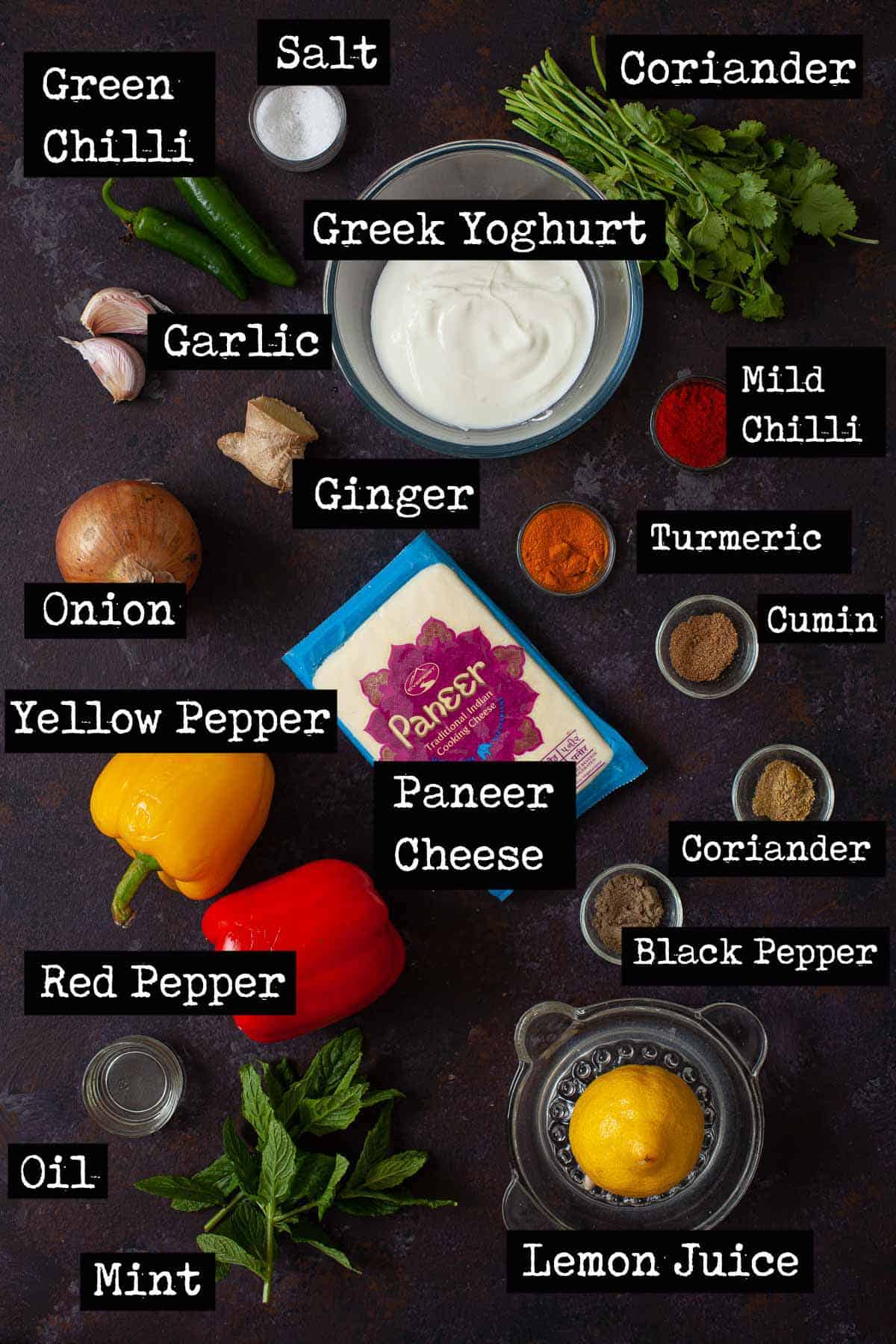 Ingredients for paneer tikka with text overlay