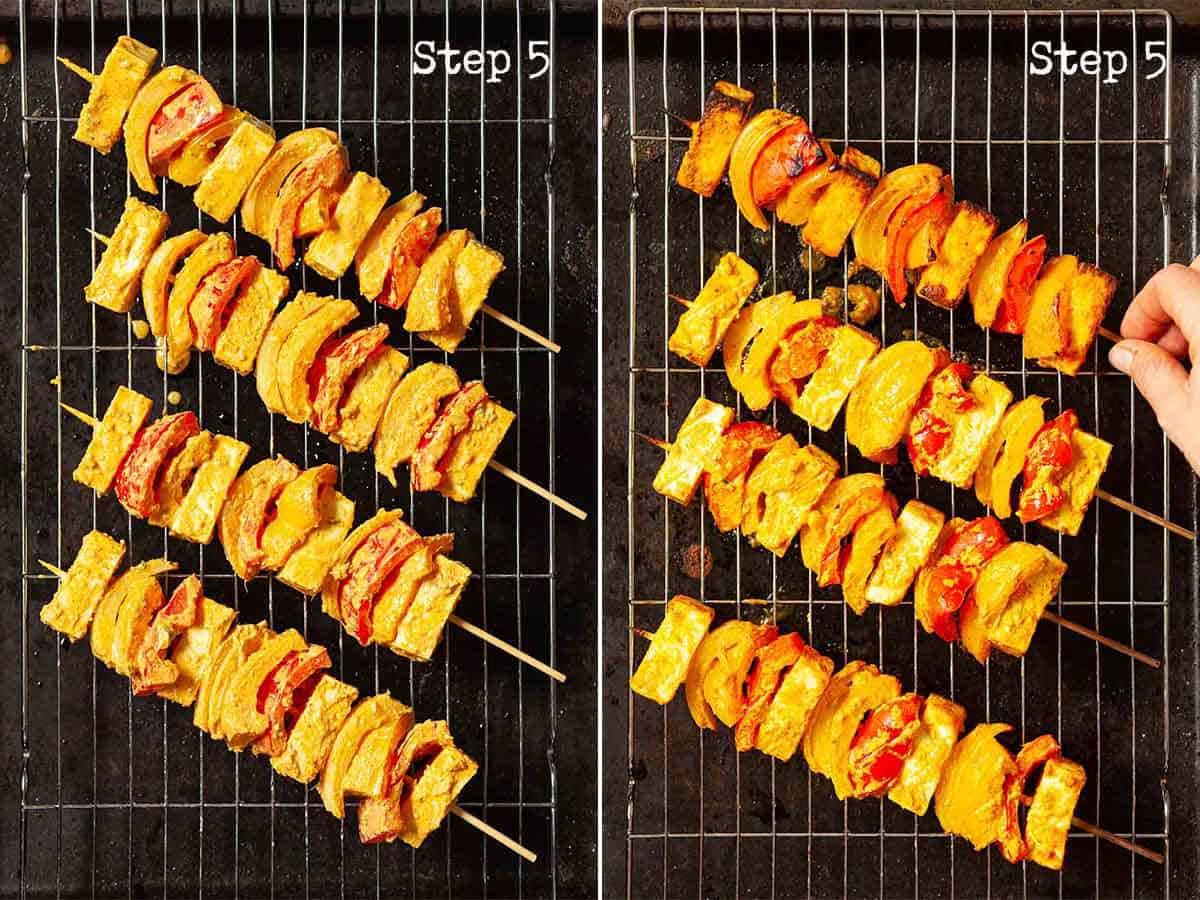 Collage showing food on wooden skewers being cooked