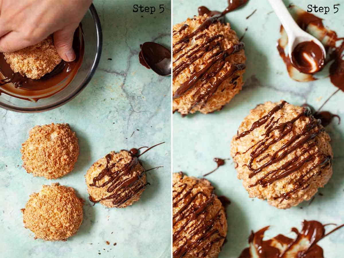 Collage of images showing coconut macaroons being decorated with chocolate