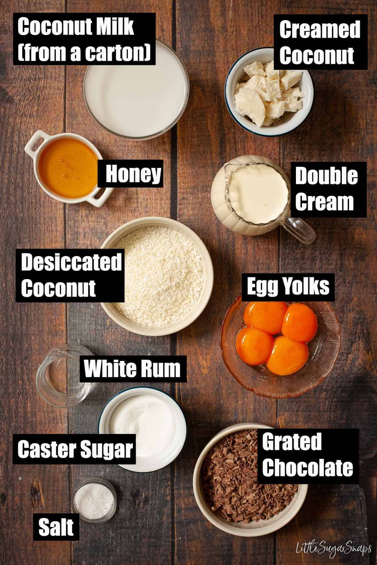 Ingredients for coconut and chocolate ice cream with text overlay