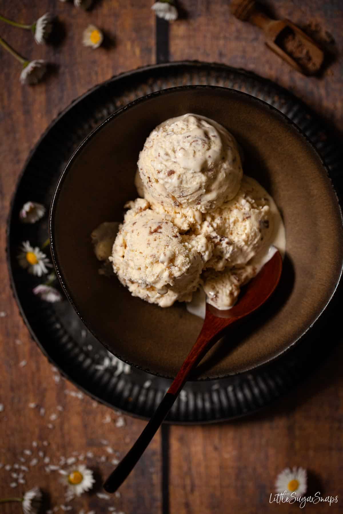 Coconut bounty bar inspired ice cream in a bowl