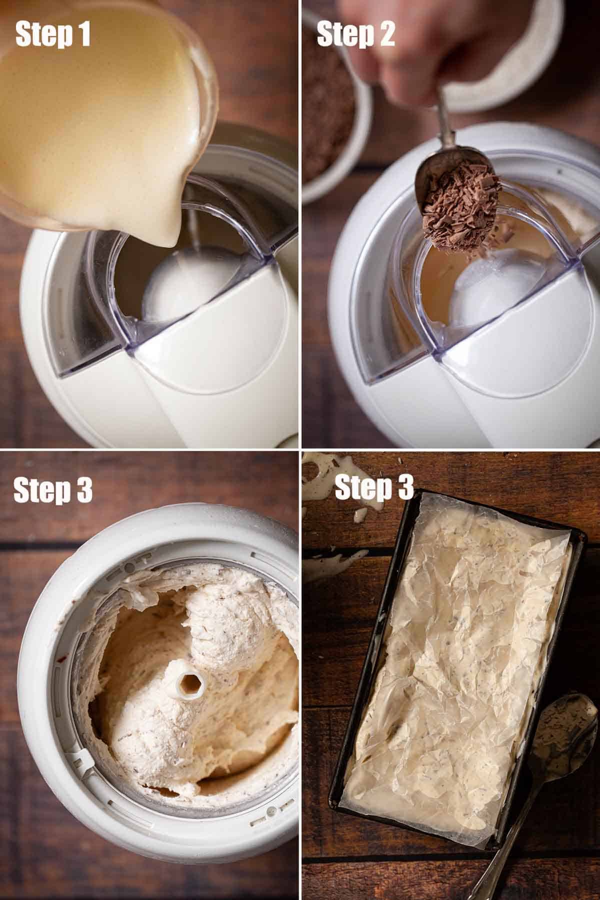 Collage of images showing ice cream being churned