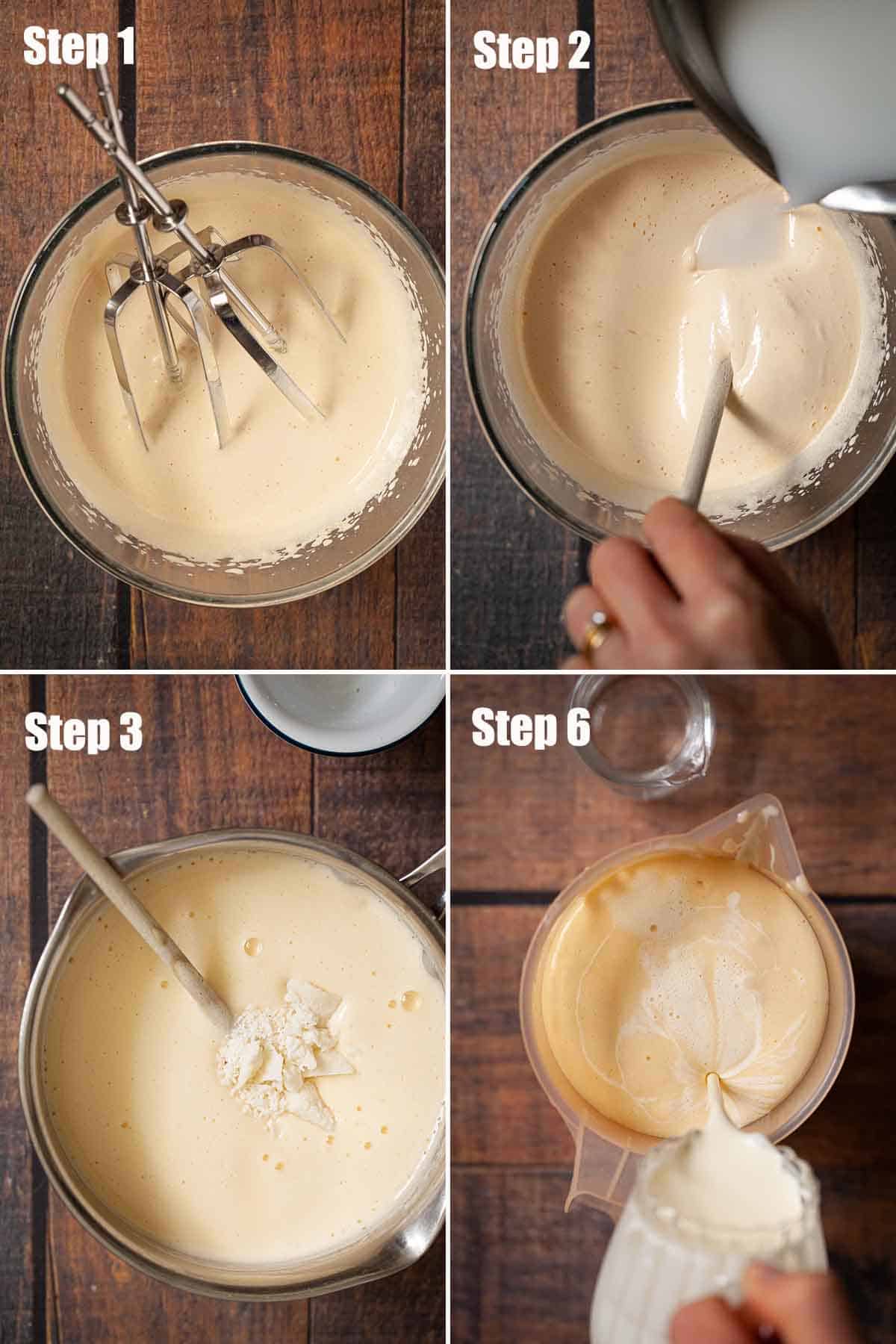 Collage of images showing a custard being made