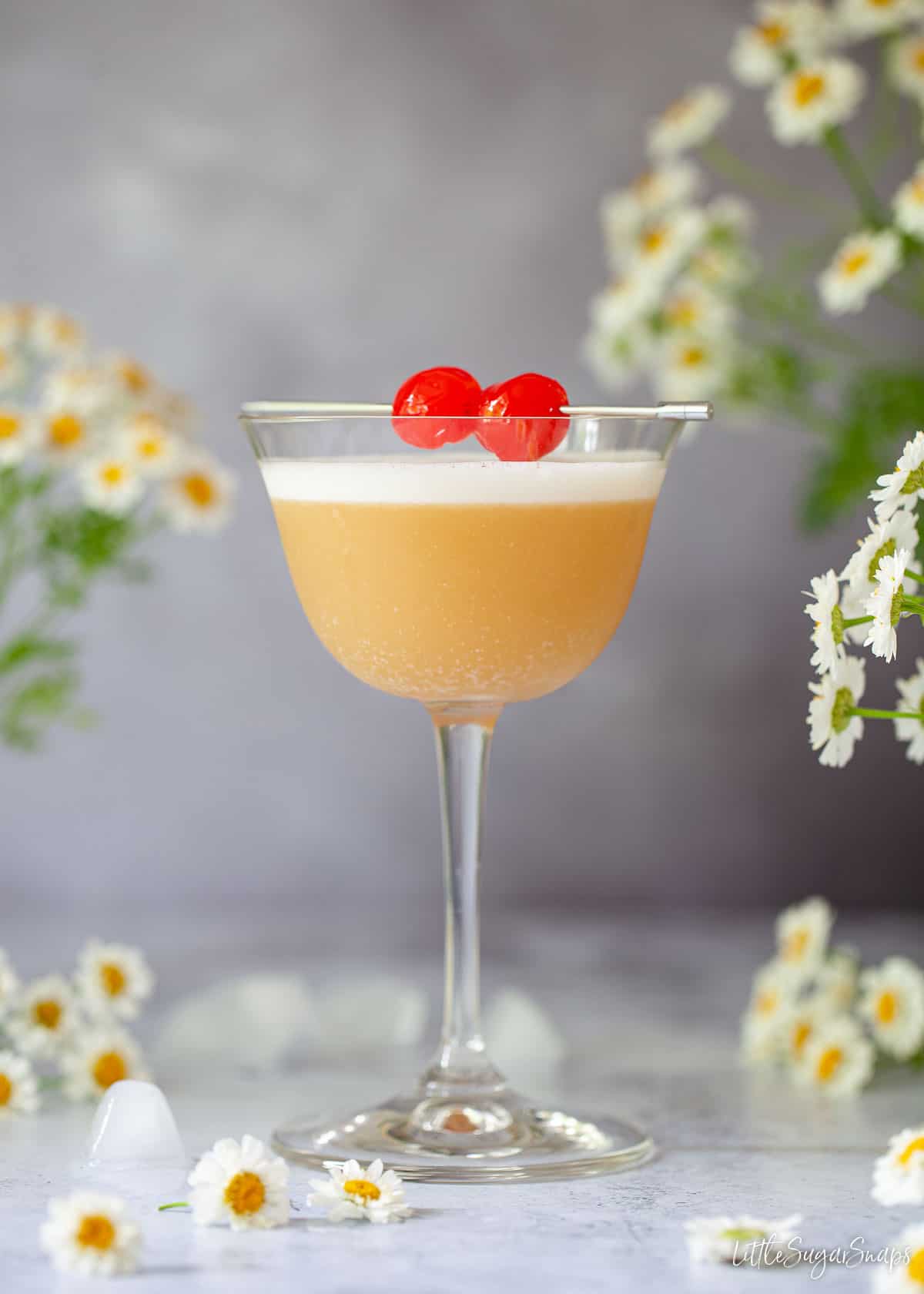 An Amaretto sour cocktail garnished with egg white foam and cocktail cherries