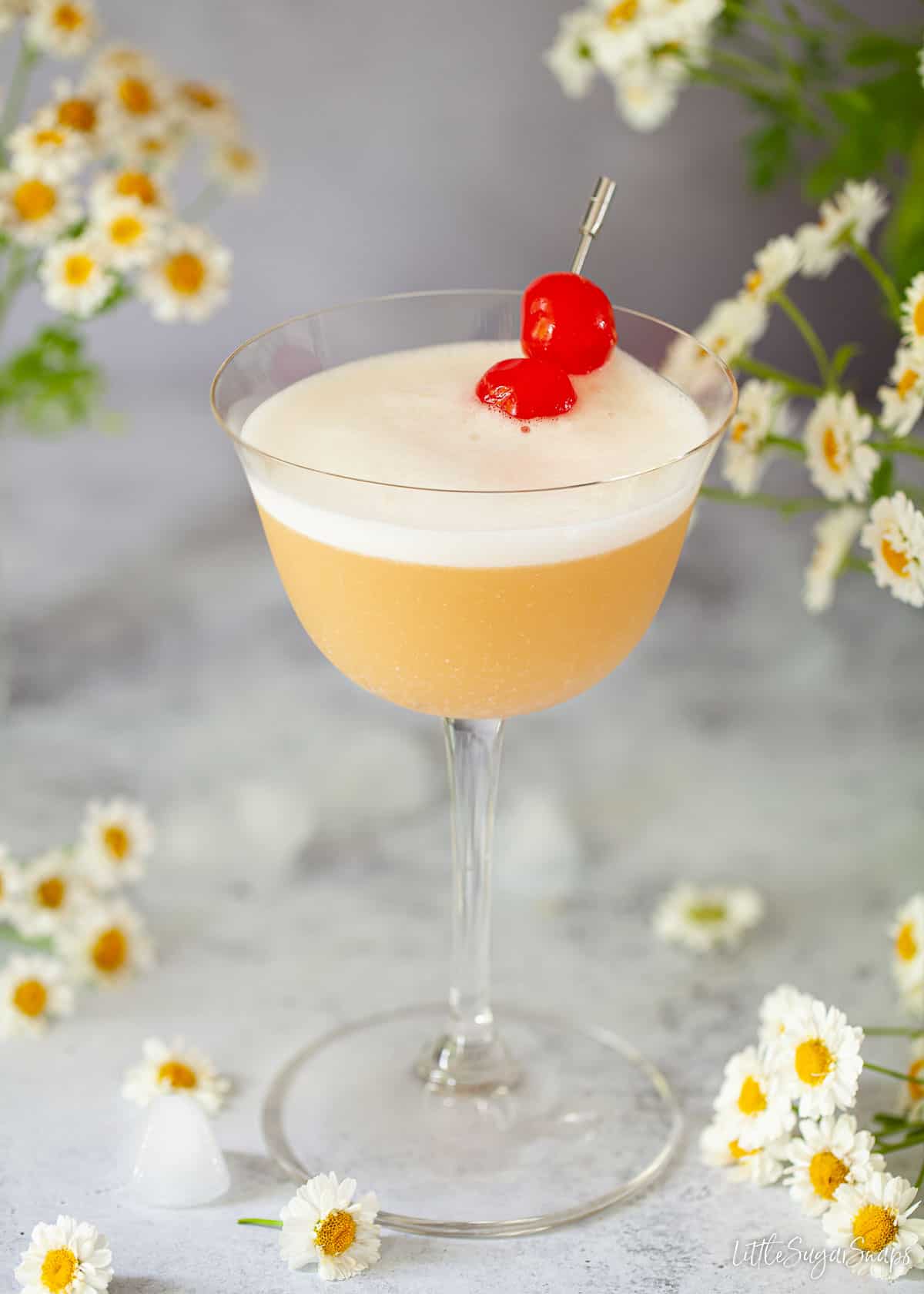 A Disaronno Amaretto sour cocktail garnished with egg white foam and cocktail cherries