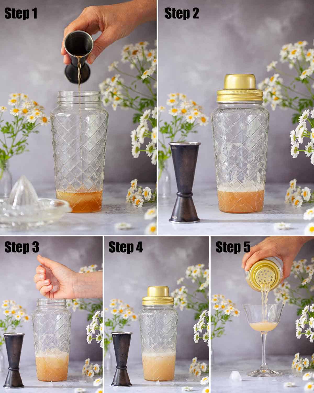 Step by step images to making an alcohol drink with egg white white as an ingredient