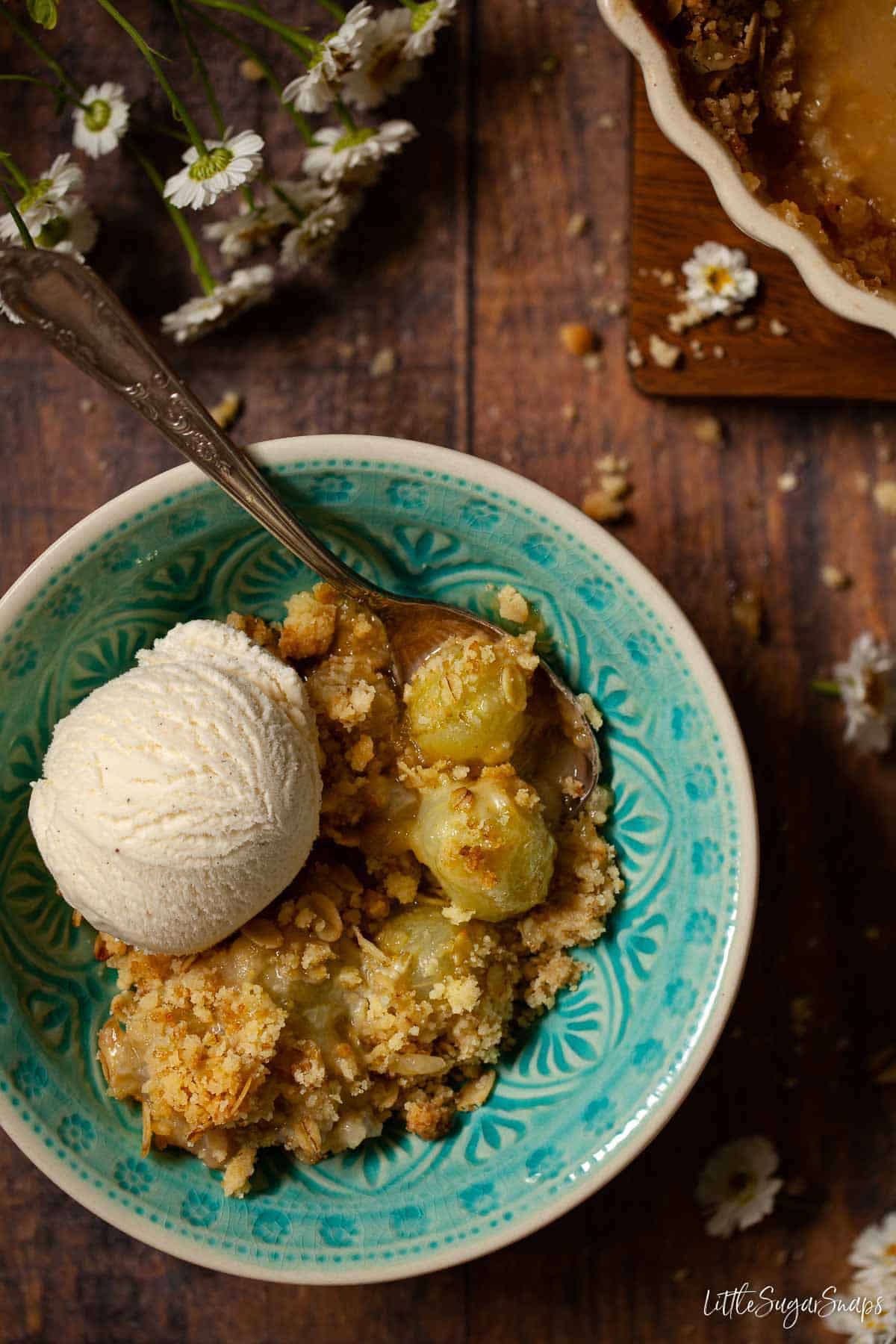 A serving of gooseberry crumble and ice cream in a blue bowl