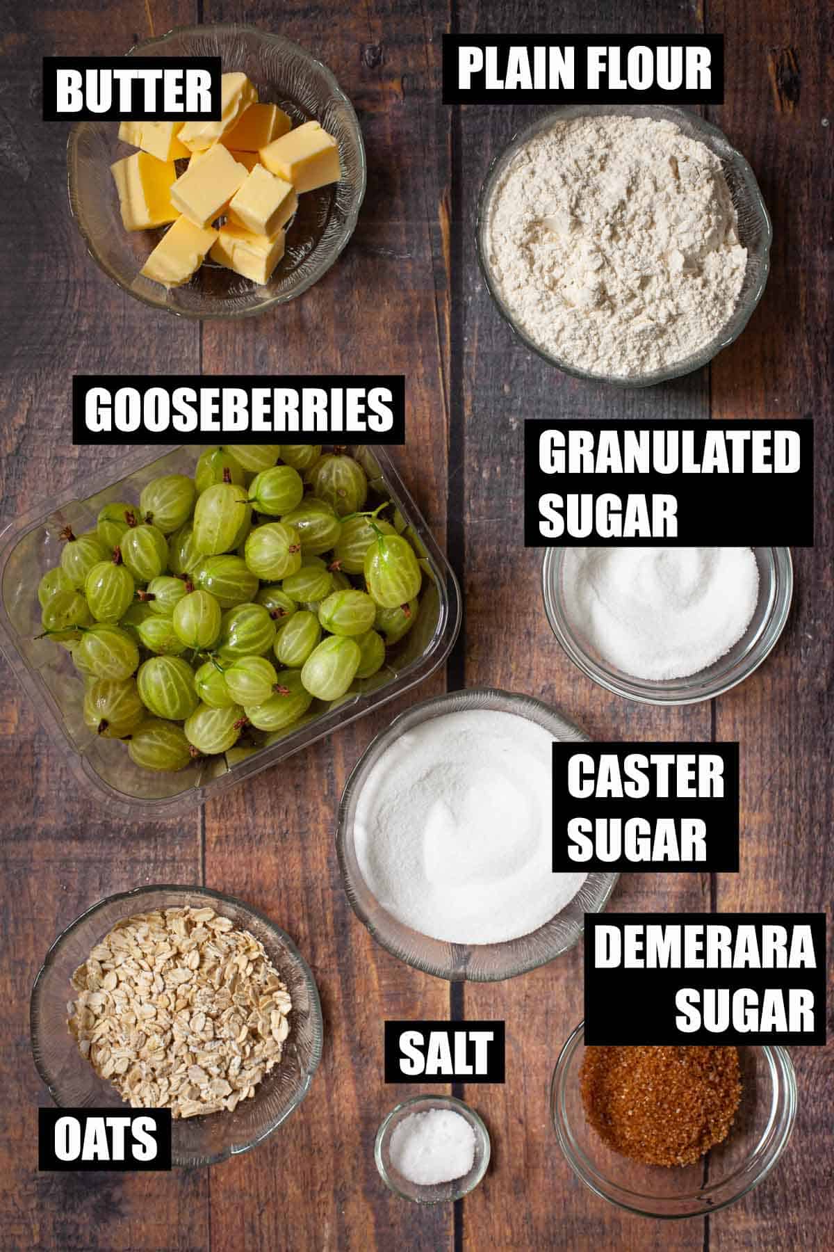 Ingredients for a gooseberry dessert with text overlay