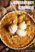 Gooseberry crumble & ice cream with text overlay