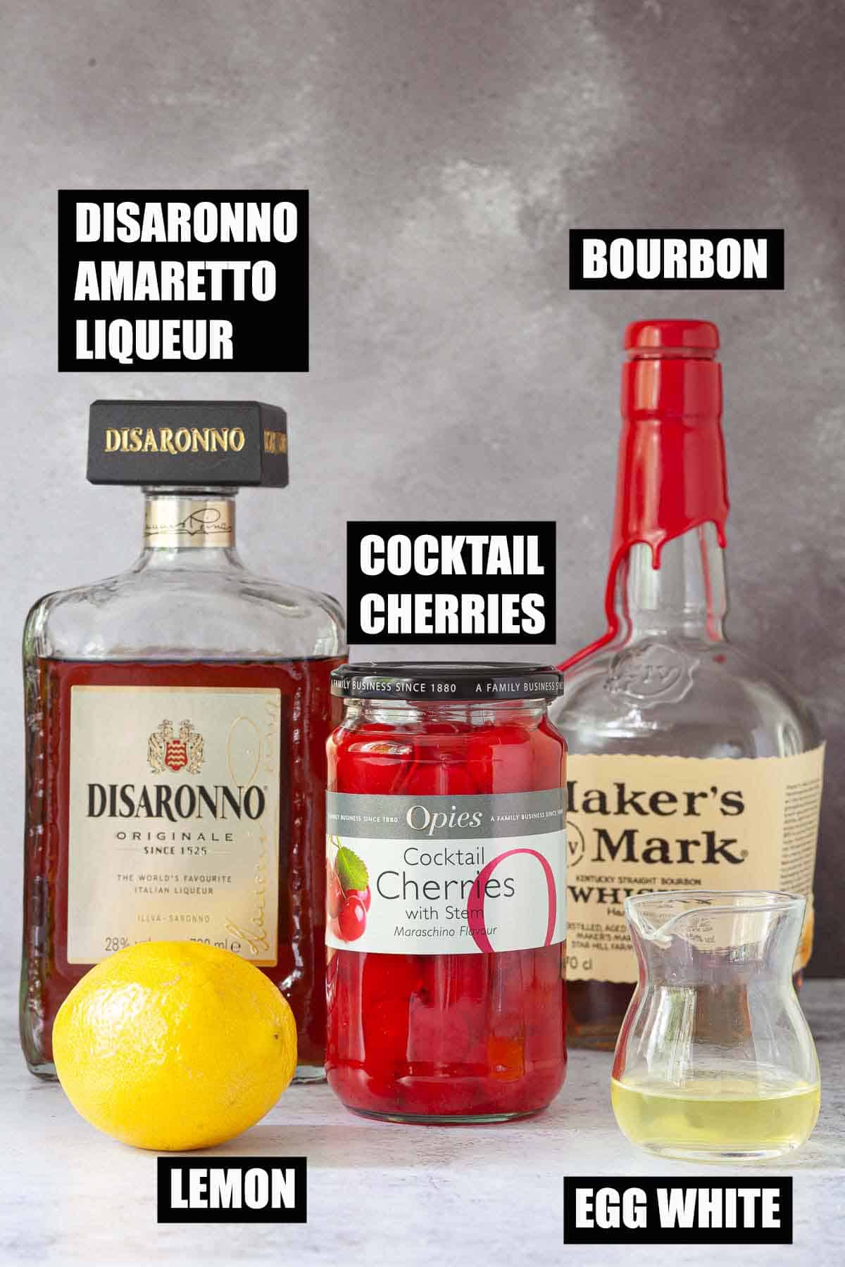 Ingredients for an Amaretto drink with text overlay