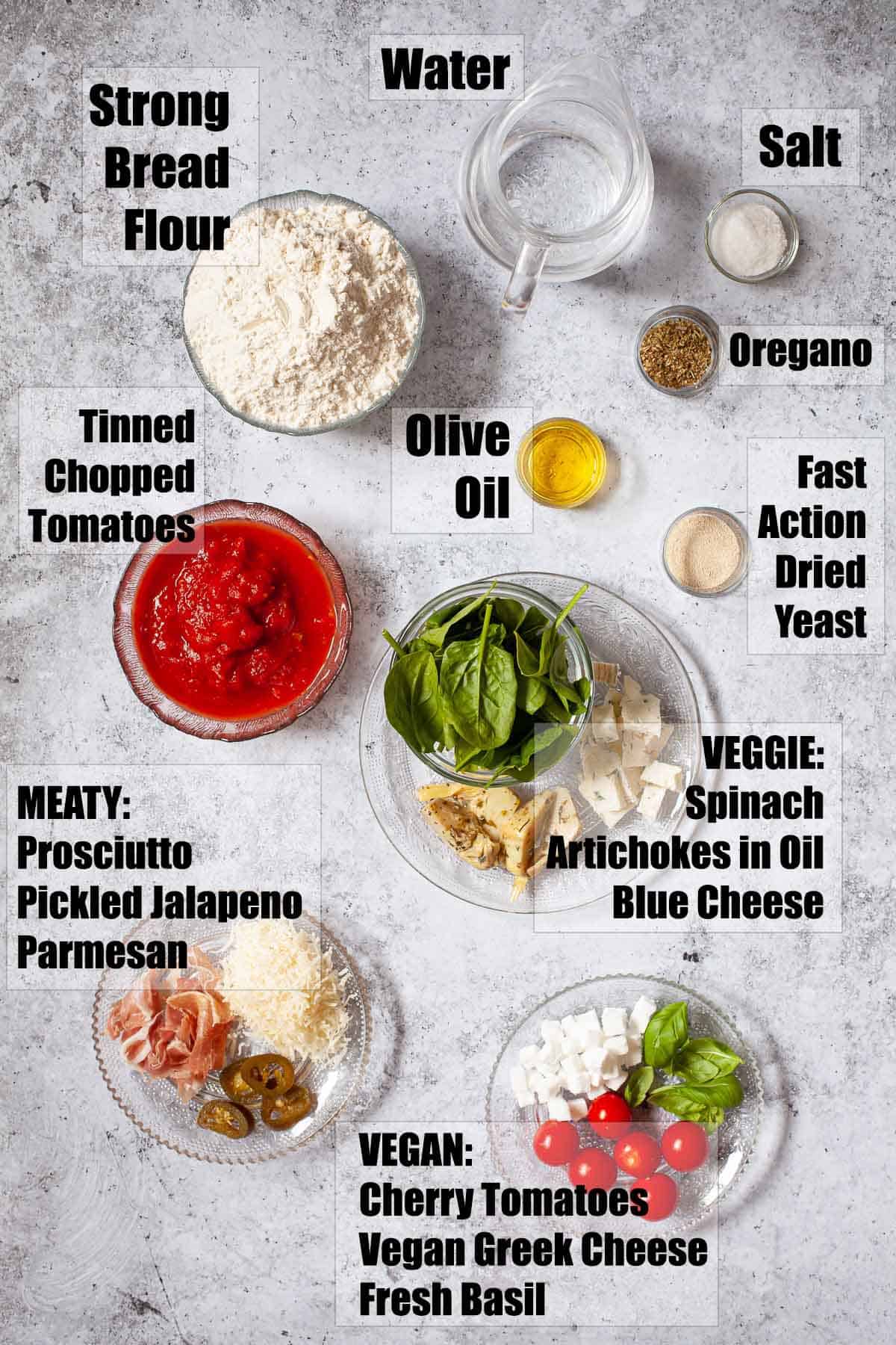 Ingredients for miniature pizzas with text overlay.