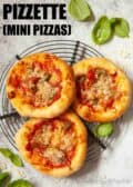 Three mini pizzas with text overlay