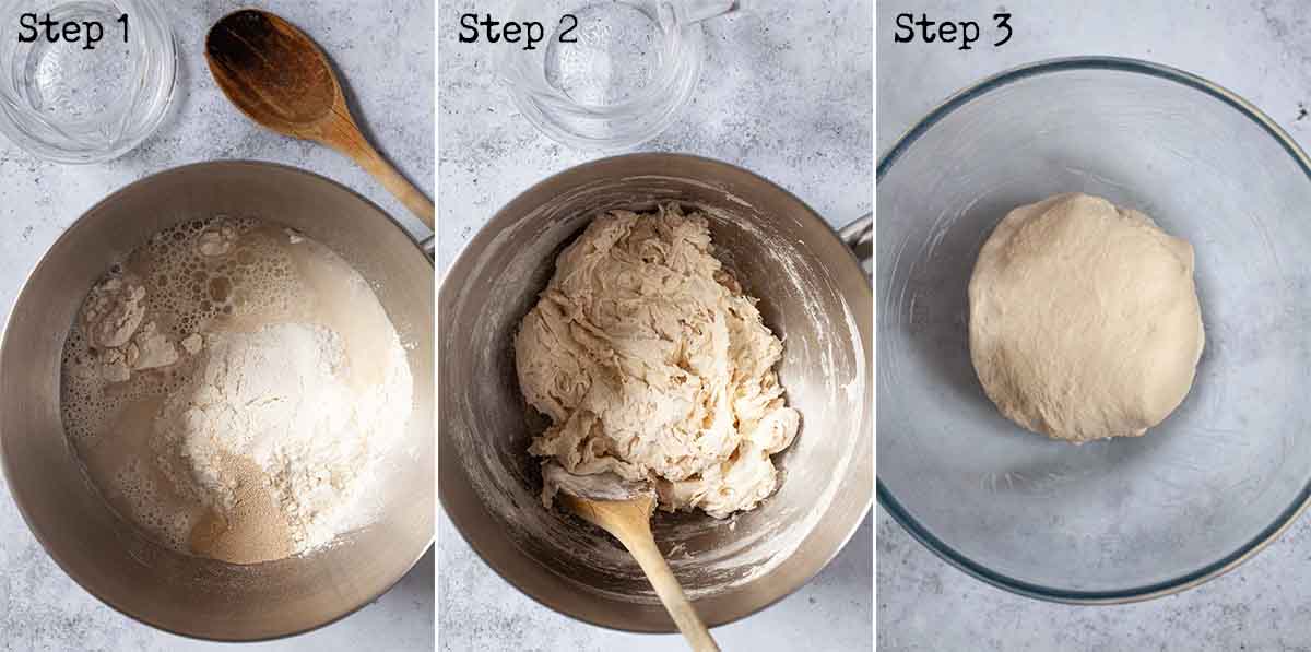 Collage of images showing dough being made.